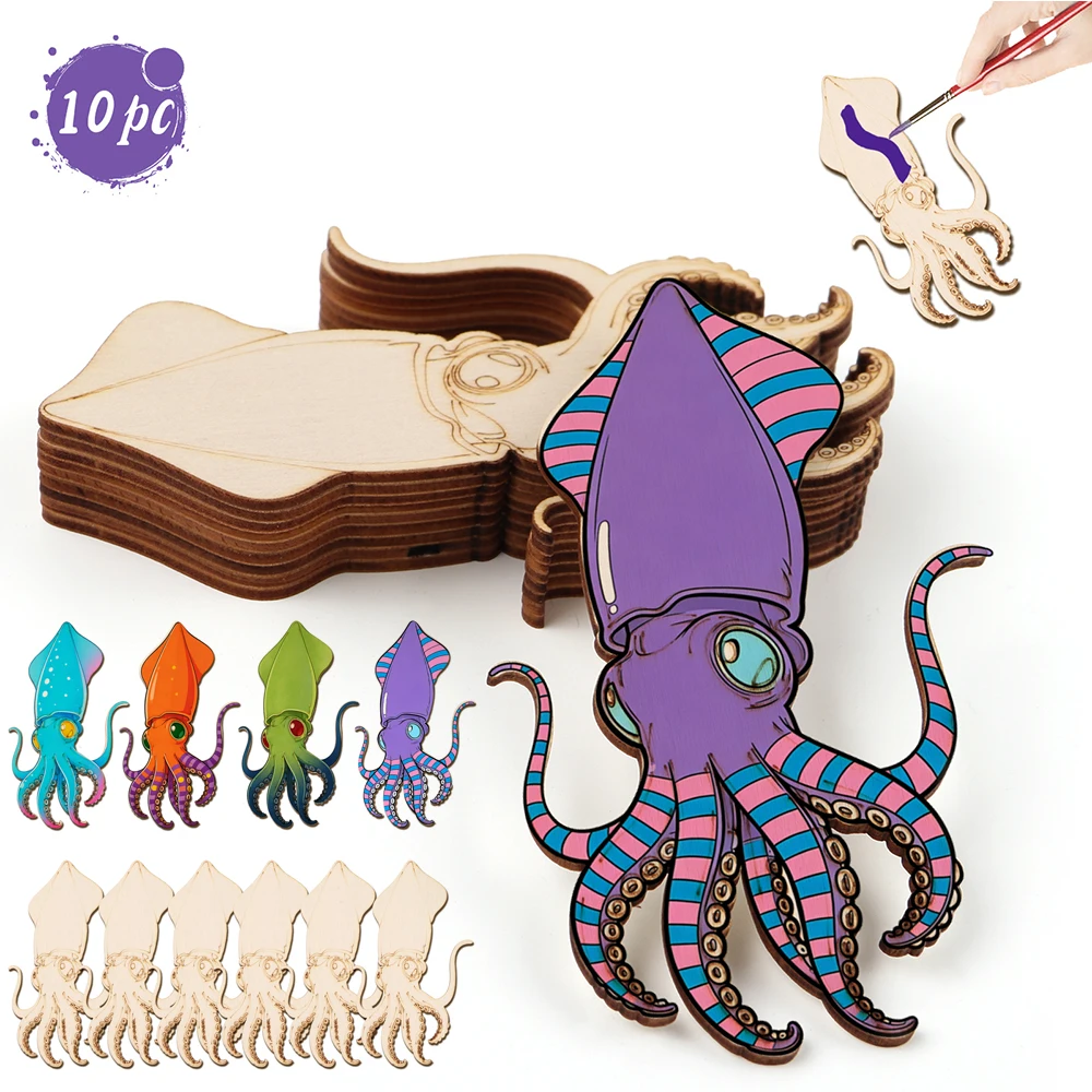 Art & Craft On Wild Animals For Preschoolers - 10pcs/set Unfinished Wood Craft Octopus Animal